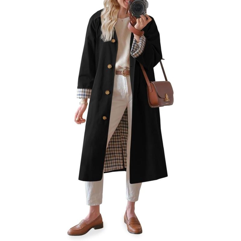 Tanming Women’s Plaid-Lined Single-Breasted Long Trench Coat