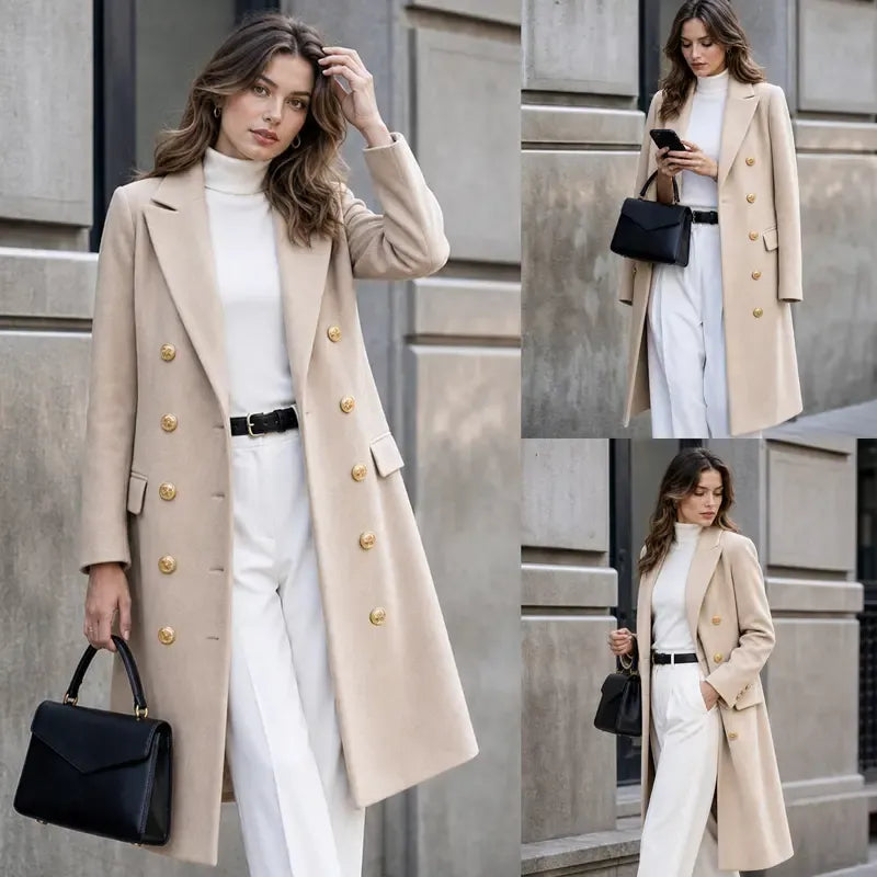 Tanming Women’s Gold Button Double-Breasted Wool Blend Long Coat