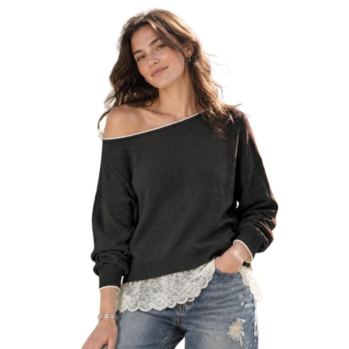 Women's Slouchy Off-Shoulder Knit Sweater with Lace Trim