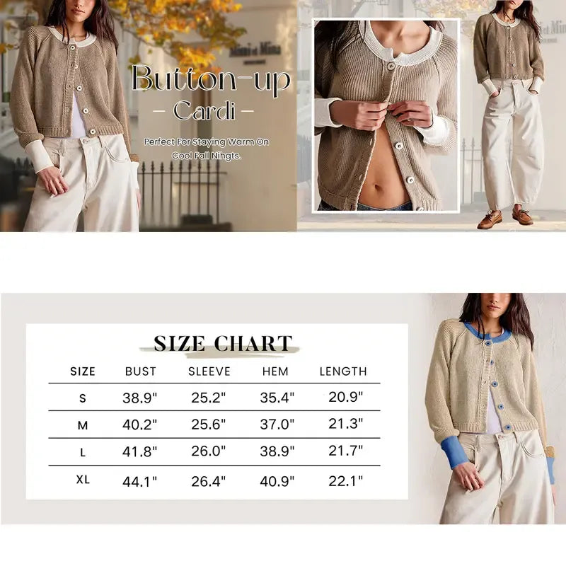 Tanming Women’s Contrast Trim Crewneck Knit Cardigan