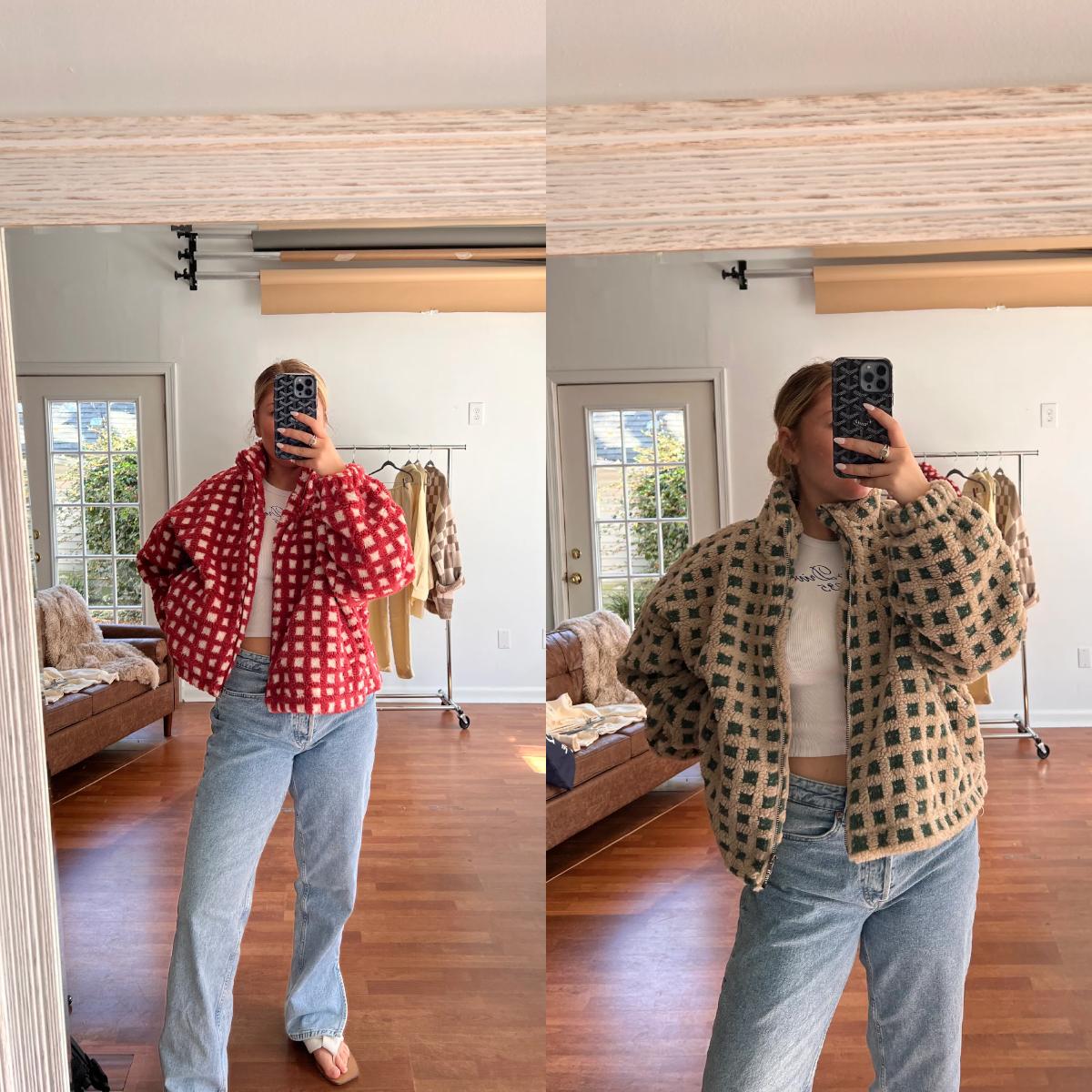 Women's Relaxed Plaid Drawstring Long-Sleeve Fleece Jacket showing a zip-front closure