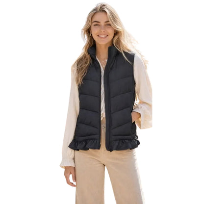 Tanming Women’s Ruffle Hem Quilted Zip-Up Sleeveless Puffer Vest