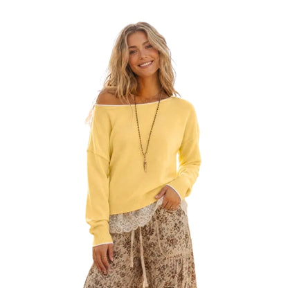 Women's Slouchy Off-Shoulder Knit Sweater with Lace Trim