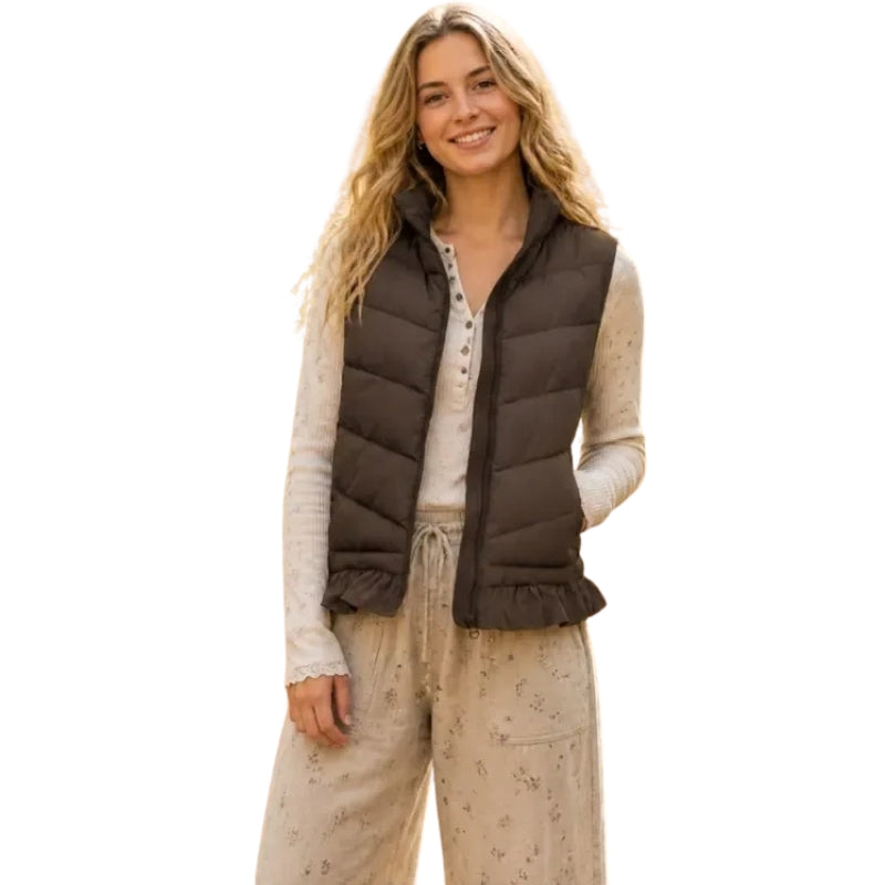 Tanming Women’s Ruffle Hem Quilted Zip-Up Sleeveless Puffer Vest