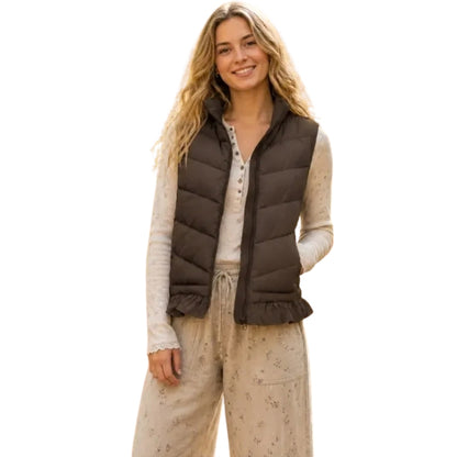 Tanming Women’s Ruffle Hem Quilted Zip-Up Sleeveless Puffer Vest