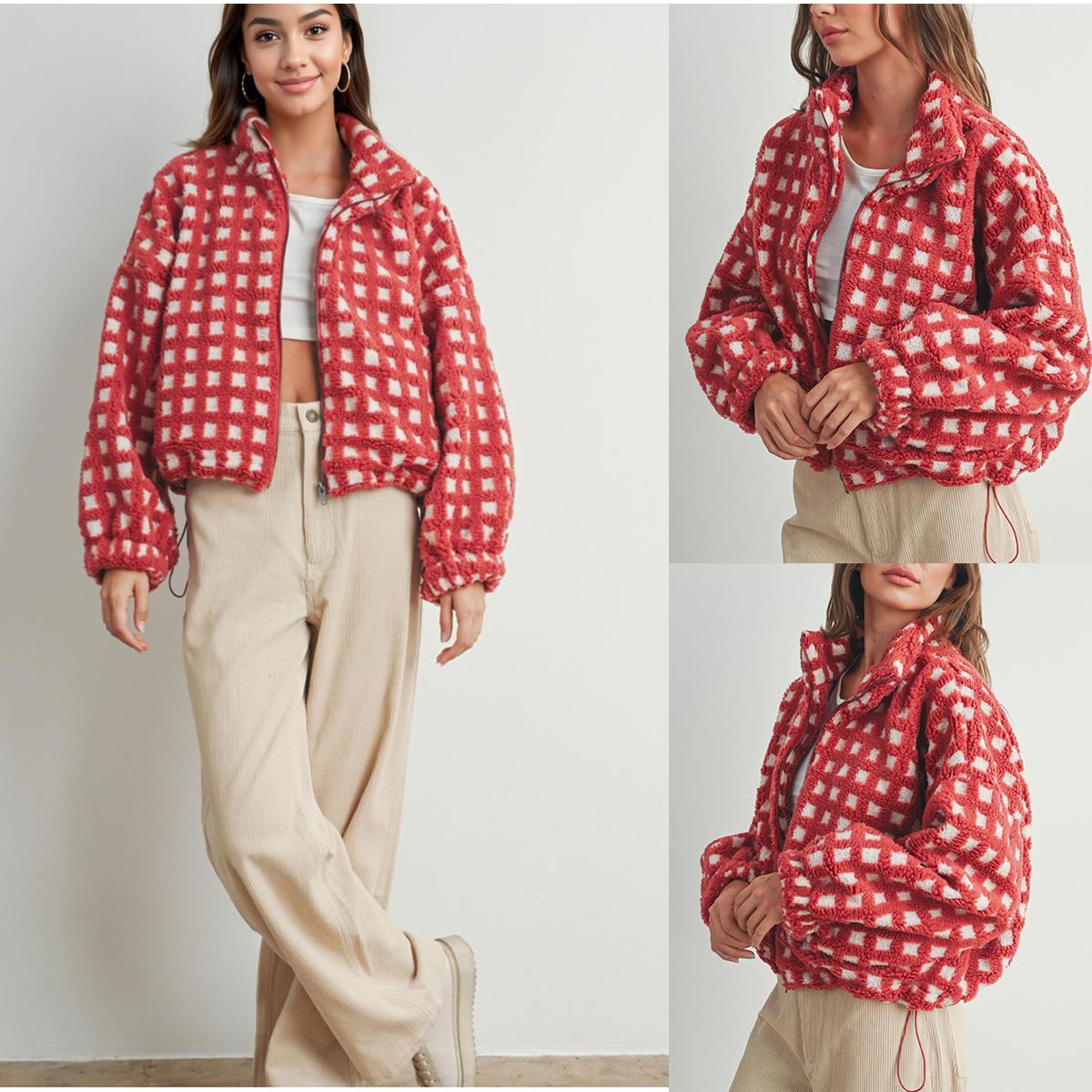 Women's Relaxed Plaid Drawstring Long-Sleeve Fleece Jacket in faux-fur texture