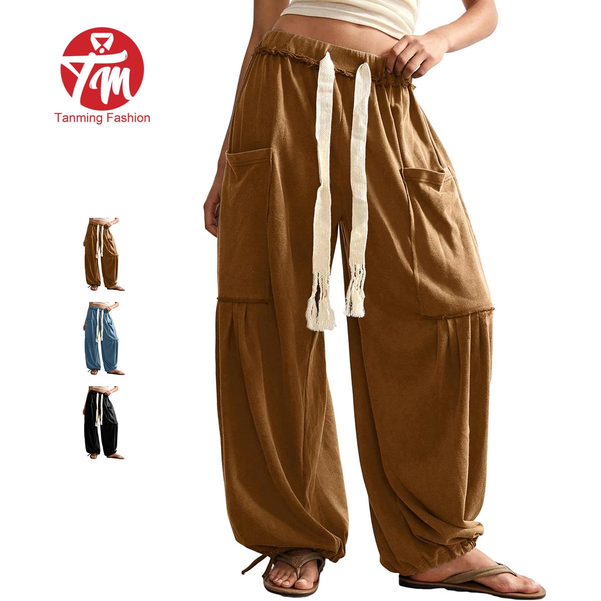 Women's Oversized Cotton Drawstring Harem Pants with Pockets