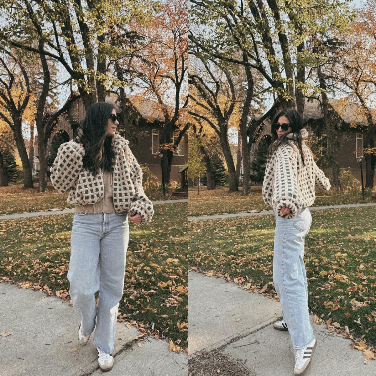 Women's Relaxed Plaid Drawstring Long-Sleeve Fleece Jacket with an adjustable drawstring