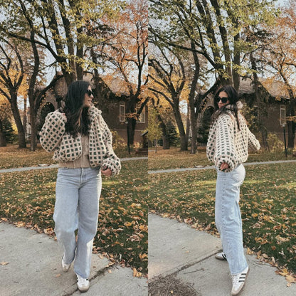 Women's Relaxed Plaid Drawstring Long-Sleeve Fleece Jacket with an adjustable drawstring