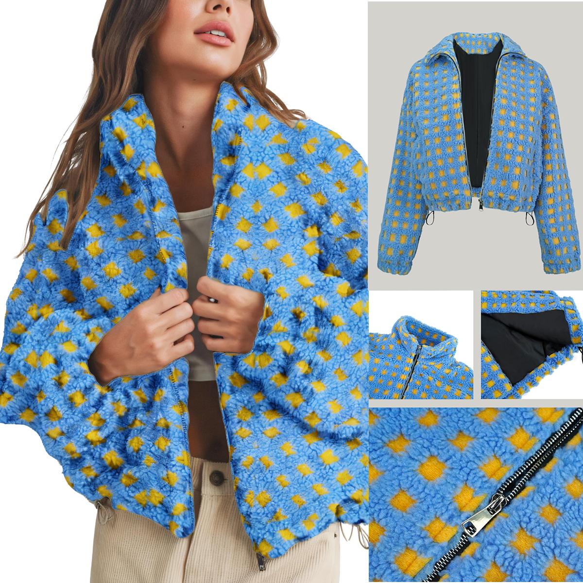 Women's Relaxed Plaid Drawstring Long-Sleeve Fleece Jacket design detail