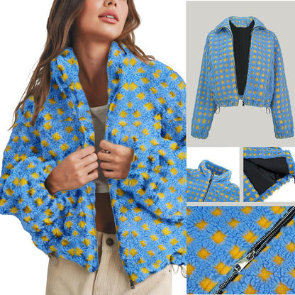 Women's Relaxed Plaid Drawstring Long-Sleeve Fleece Jacket design detail