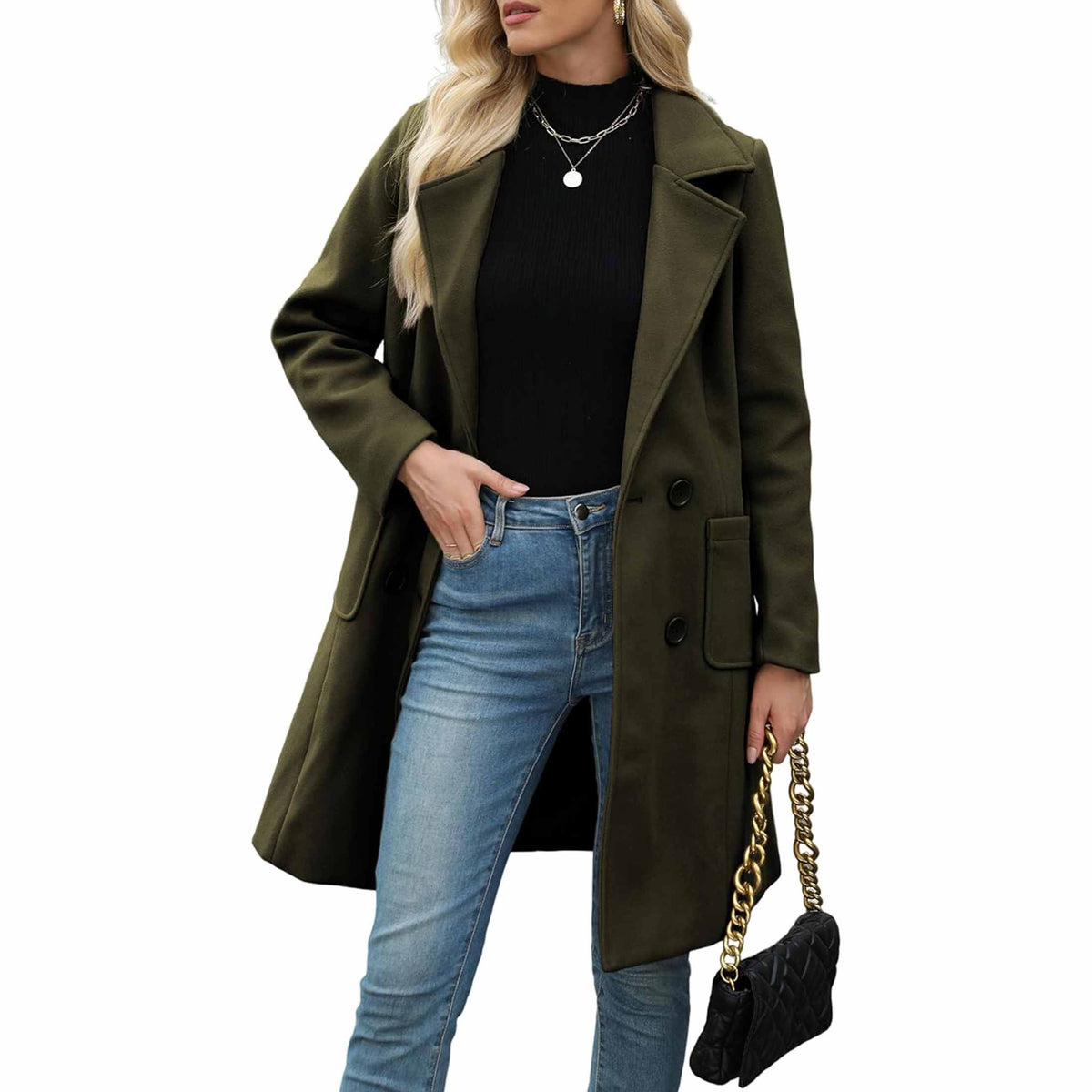 TanmingWomen's Fitted Wool-Blend V-Neck Long-Sleeve Peacoat