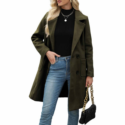 TanmingWomen's Fitted Wool-Blend V-Neck Long-Sleeve Peacoat