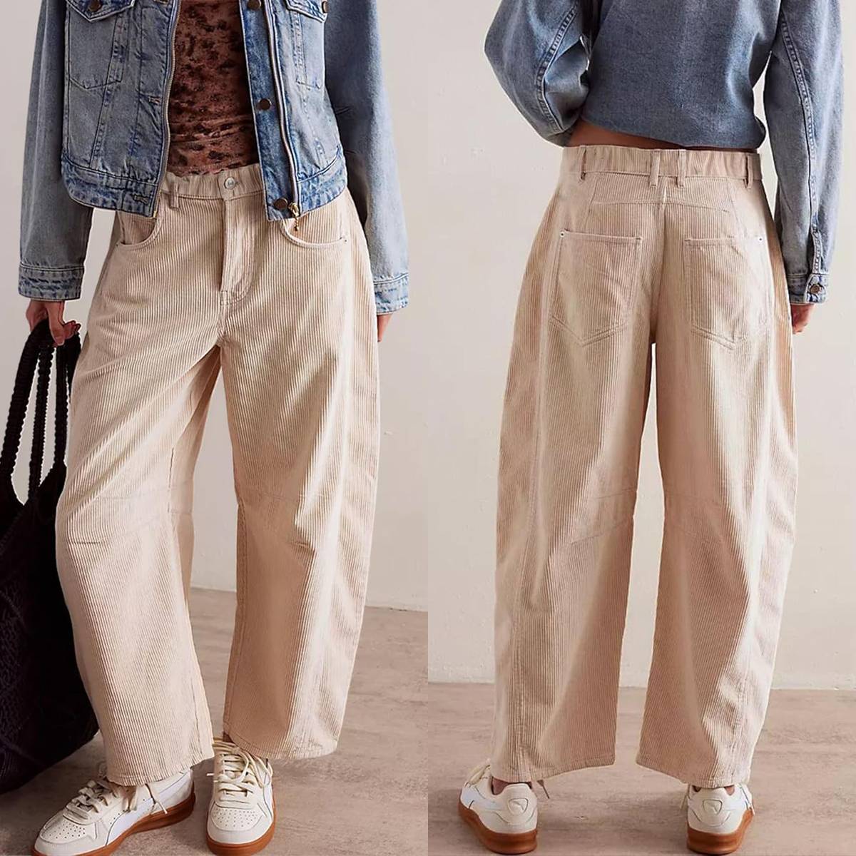 Tanming Women’s High-Waisted Corduroy Barrel-Leg Pants with Pockets