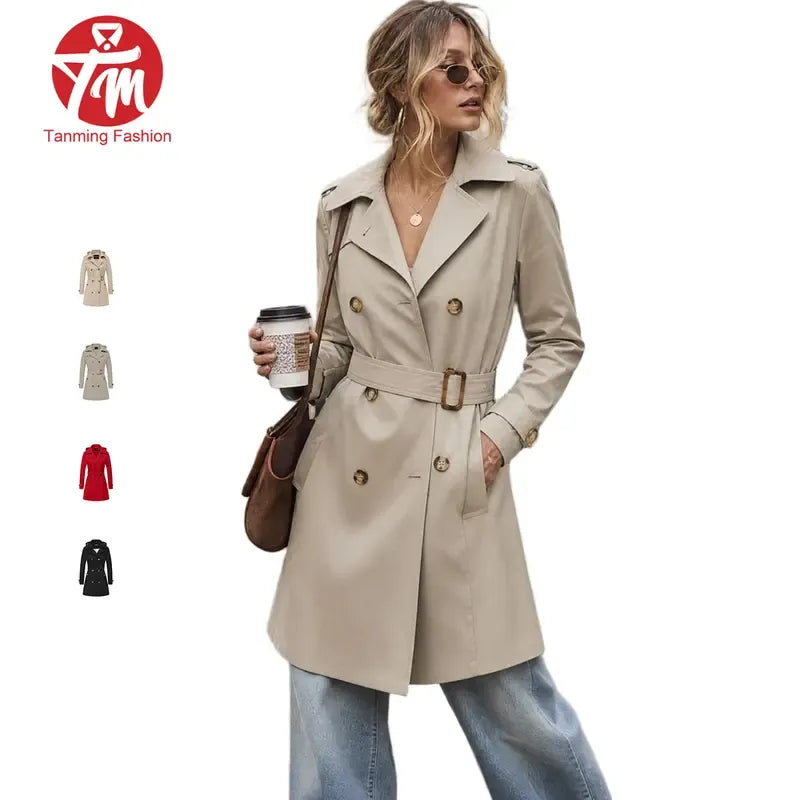 Tanming Women’s Belted Double-Breasted Trench Coat