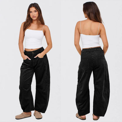 Tanming Women’s High-Waisted Corduroy Barrel-Leg Pants with Pockets