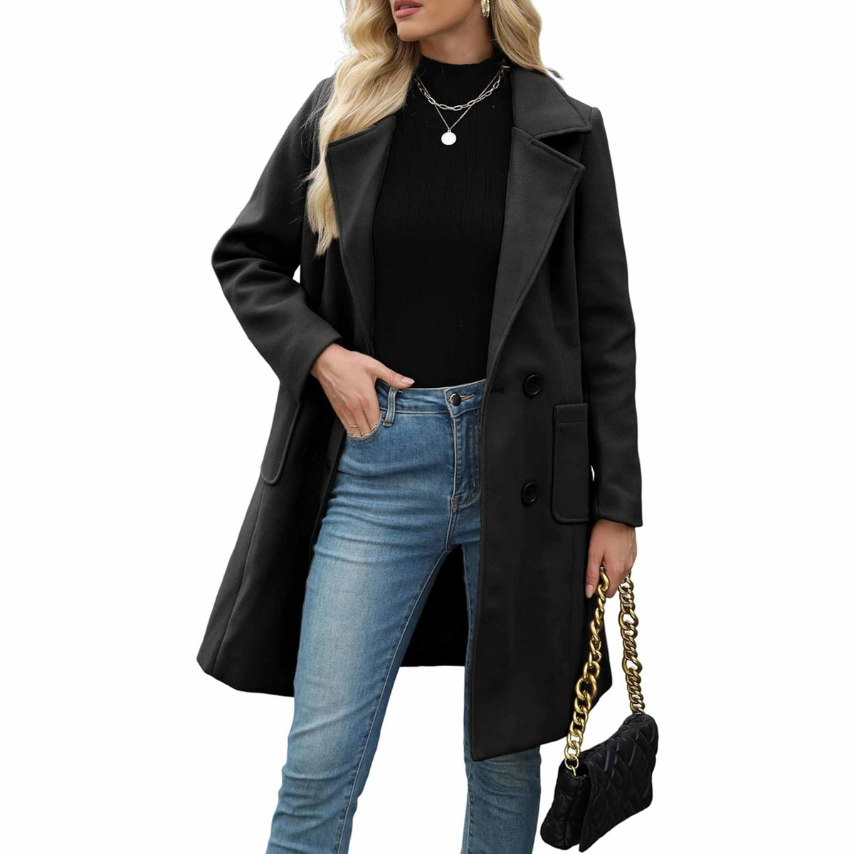 TanmingWomen's Fitted Wool-Blend V-Neck Long-Sleeve Peacoat