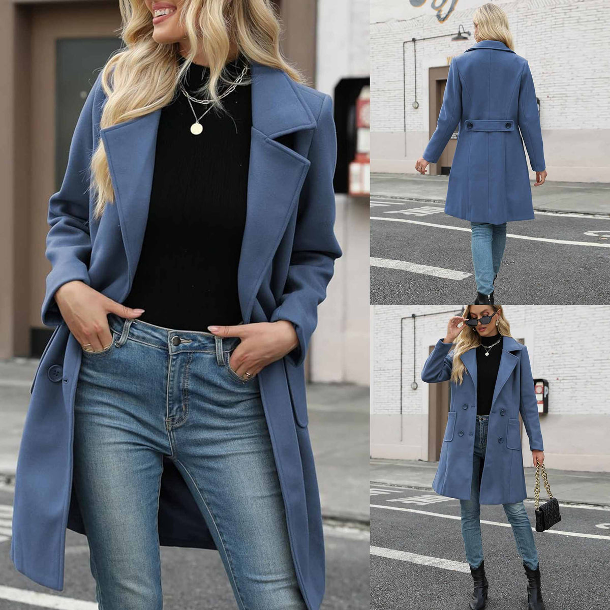TanmingWomen's Fitted Wool-Blend V-Neck Long-Sleeve Peacoat