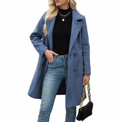 TanmingWomen's Fitted Wool-Blend V-Neck Long-Sleeve Peacoat