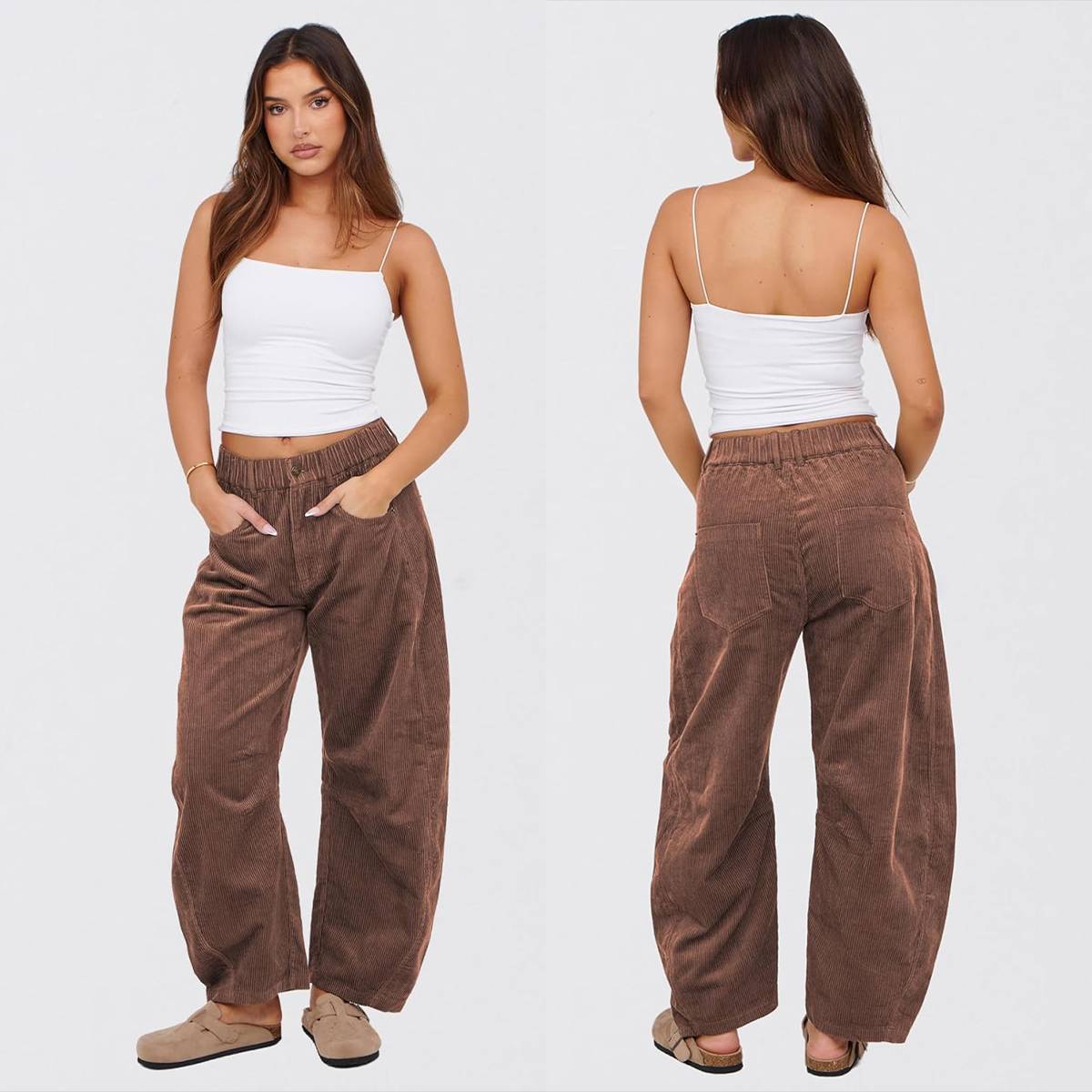 Tanming Women’s High-Waisted Corduroy Barrel-Leg Pants with Pockets