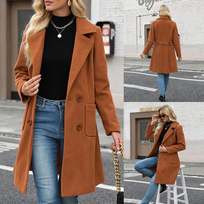 TanmingWomen's Fitted Wool-Blend V-Neck Long-Sleeve Peacoat