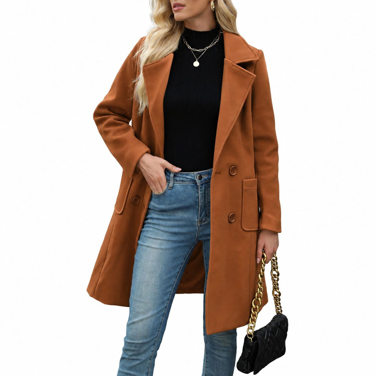 TanmingWomen's Fitted Wool-Blend V-Neck Long-Sleeve Peacoat