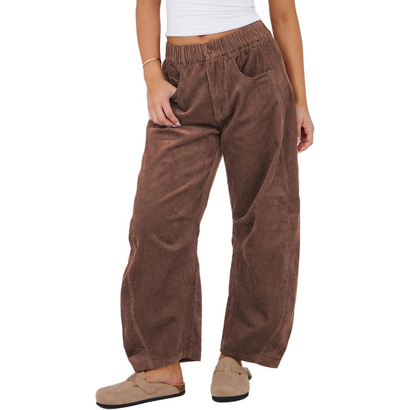 Tanming Women’s High-Waisted Corduroy Barrel-Leg Pants with Pockets
