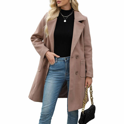 TanmingWomen's Fitted Wool-Blend V-Neck Long-Sleeve Peacoat