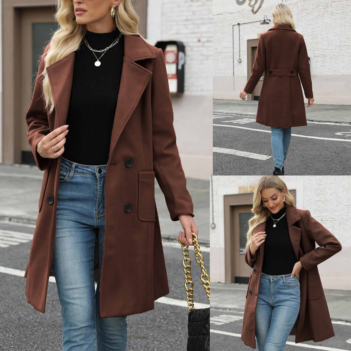 TanmingWomen's Fitted Wool-Blend V-Neck Long-Sleeve Peacoat