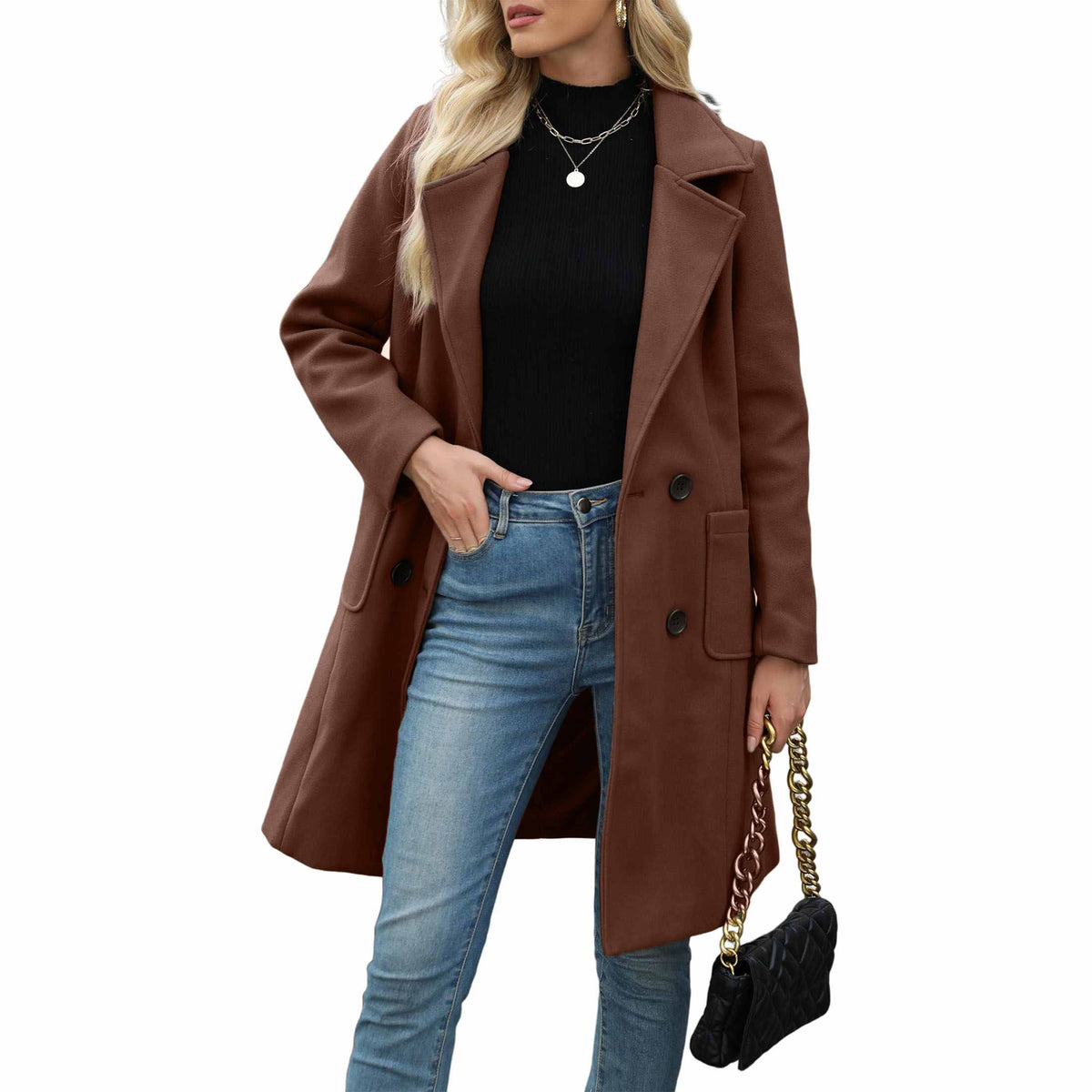 TanmingWomen's Fitted Wool-Blend V-Neck Long-Sleeve Peacoat