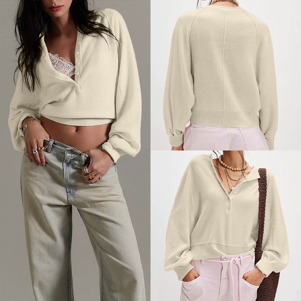 Tanming Women’s Long Sleeve Henley Knit Sweater