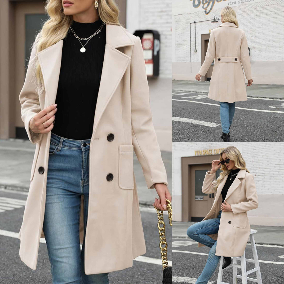 TanmingWomen's Fitted Wool-Blend V-Neck Long-Sleeve Peacoat