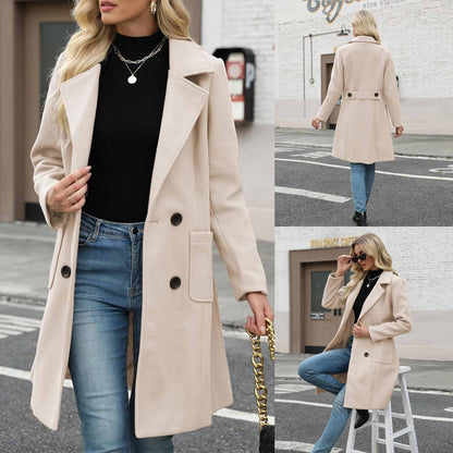 TanmingWomen's Fitted Wool-Blend V-Neck Long-Sleeve Peacoat