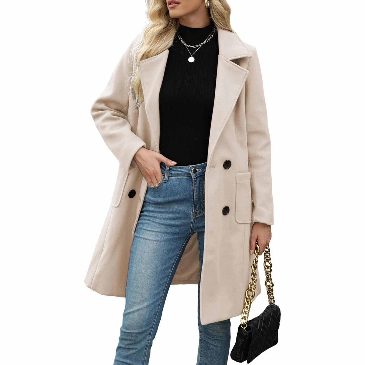 TanmingWomen's Fitted Wool-Blend V-Neck Long-Sleeve Peacoat