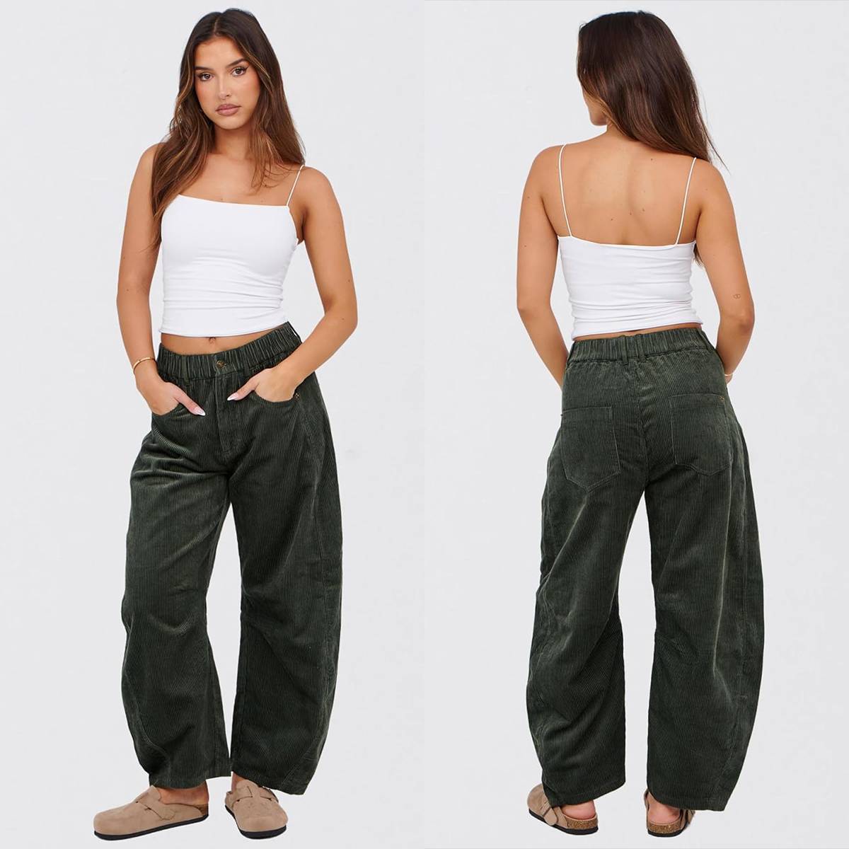 Tanming Women’s High-Waisted Corduroy Barrel-Leg Pants with Pockets