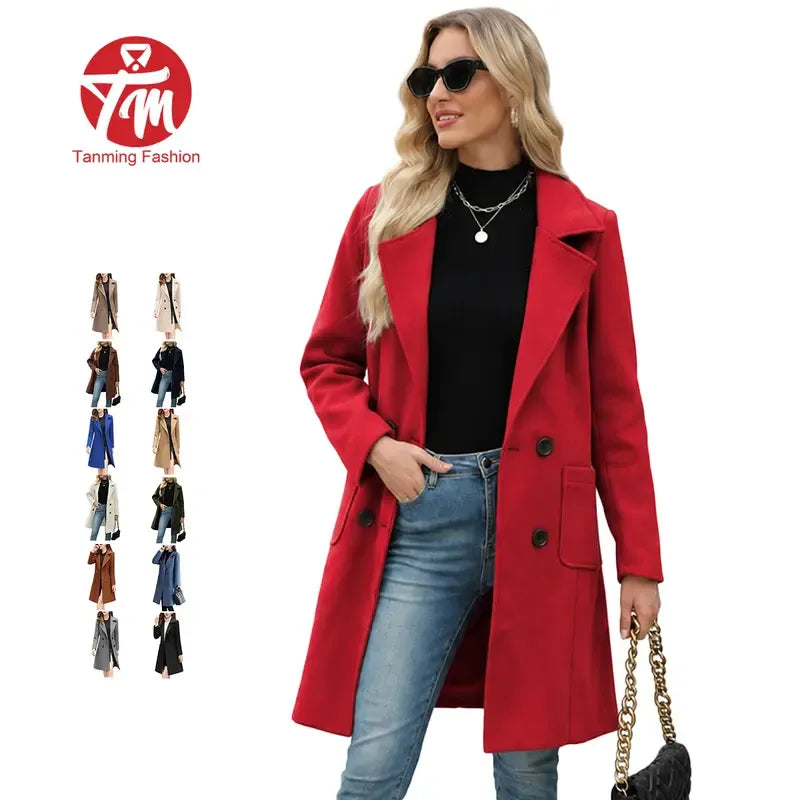 TanmingWomen's Fitted Wool-Blend V-Neck Long-Sleeve Peacoat