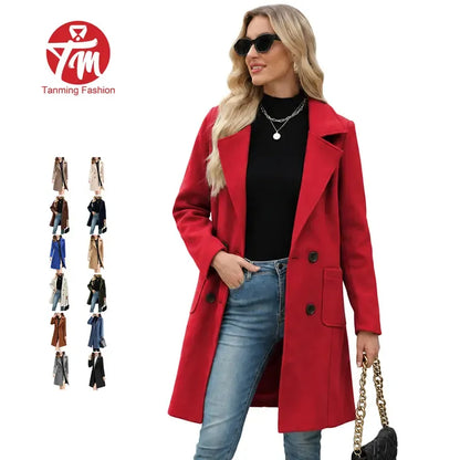 TanmingWomen's Fitted Wool-Blend V-Neck Long-Sleeve Peacoat