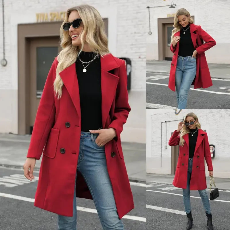 TanmingWomen's Fitted Wool-Blend V-Neck Long-Sleeve Peacoat