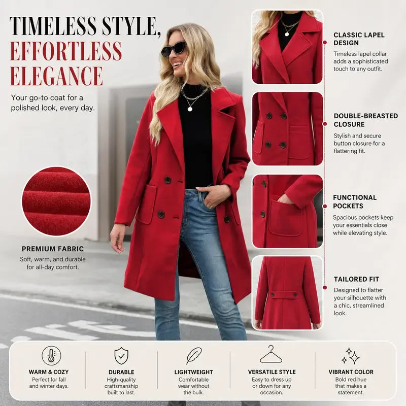 TanmingWomen's Fitted Wool-Blend V-Neck Long-Sleeve Peacoat