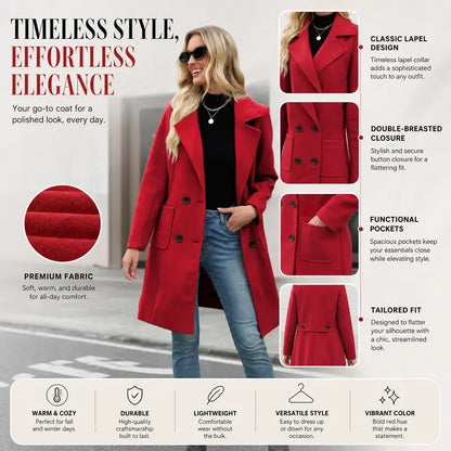 TanmingWomen's Fitted Wool-Blend V-Neck Long-Sleeve Peacoat