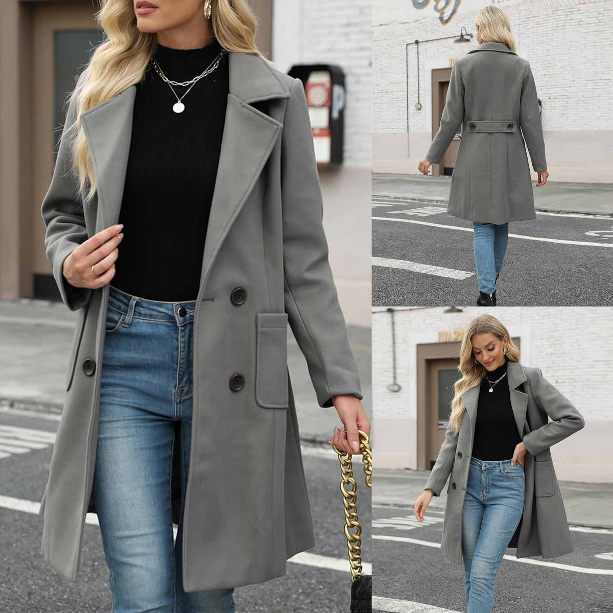 TanmingWomen's Fitted Wool-Blend V-Neck Long-Sleeve Peacoat