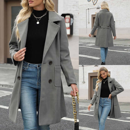 TanmingWomen's Fitted Wool-Blend V-Neck Long-Sleeve Peacoat