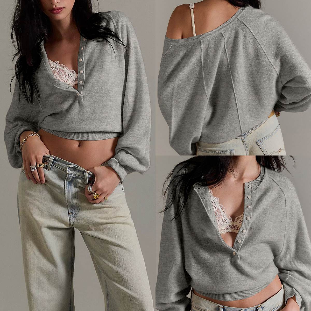 Tanming Women’s Long Sleeve Henley Knit Sweater