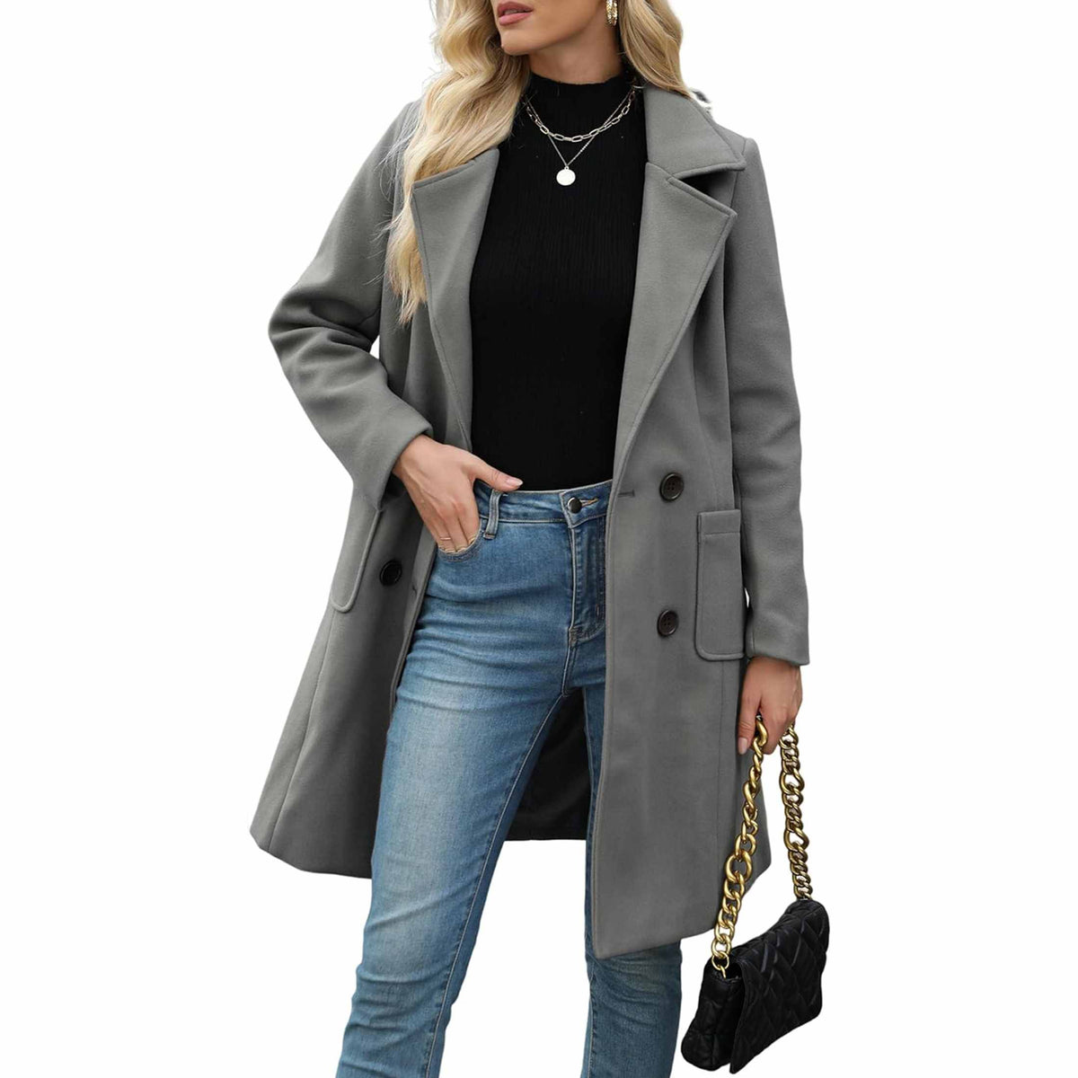 TanmingWomen's Fitted Wool-Blend V-Neck Long-Sleeve Peacoat