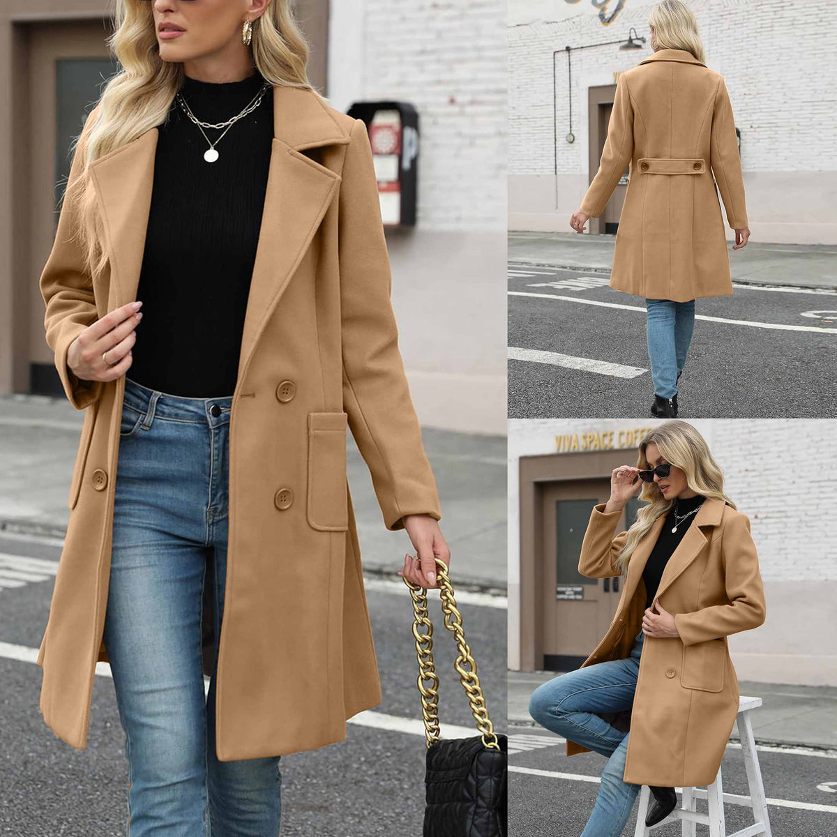 TanmingWomen's Fitted Wool-Blend V-Neck Long-Sleeve Peacoat