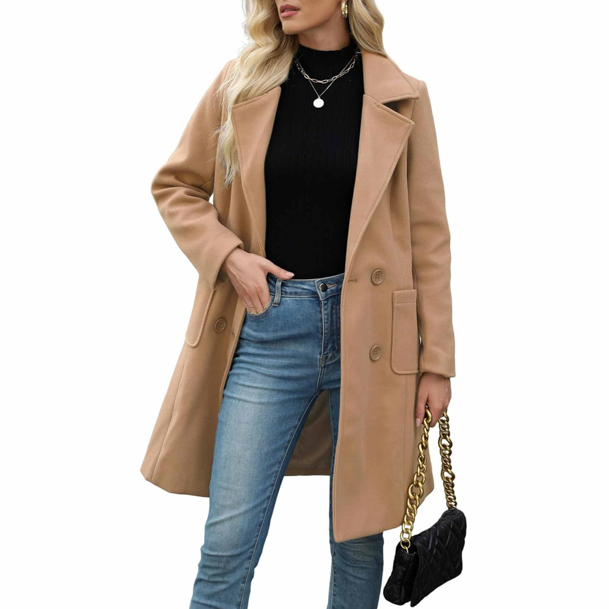 TanmingWomen's Fitted Wool-Blend V-Neck Long-Sleeve Peacoat