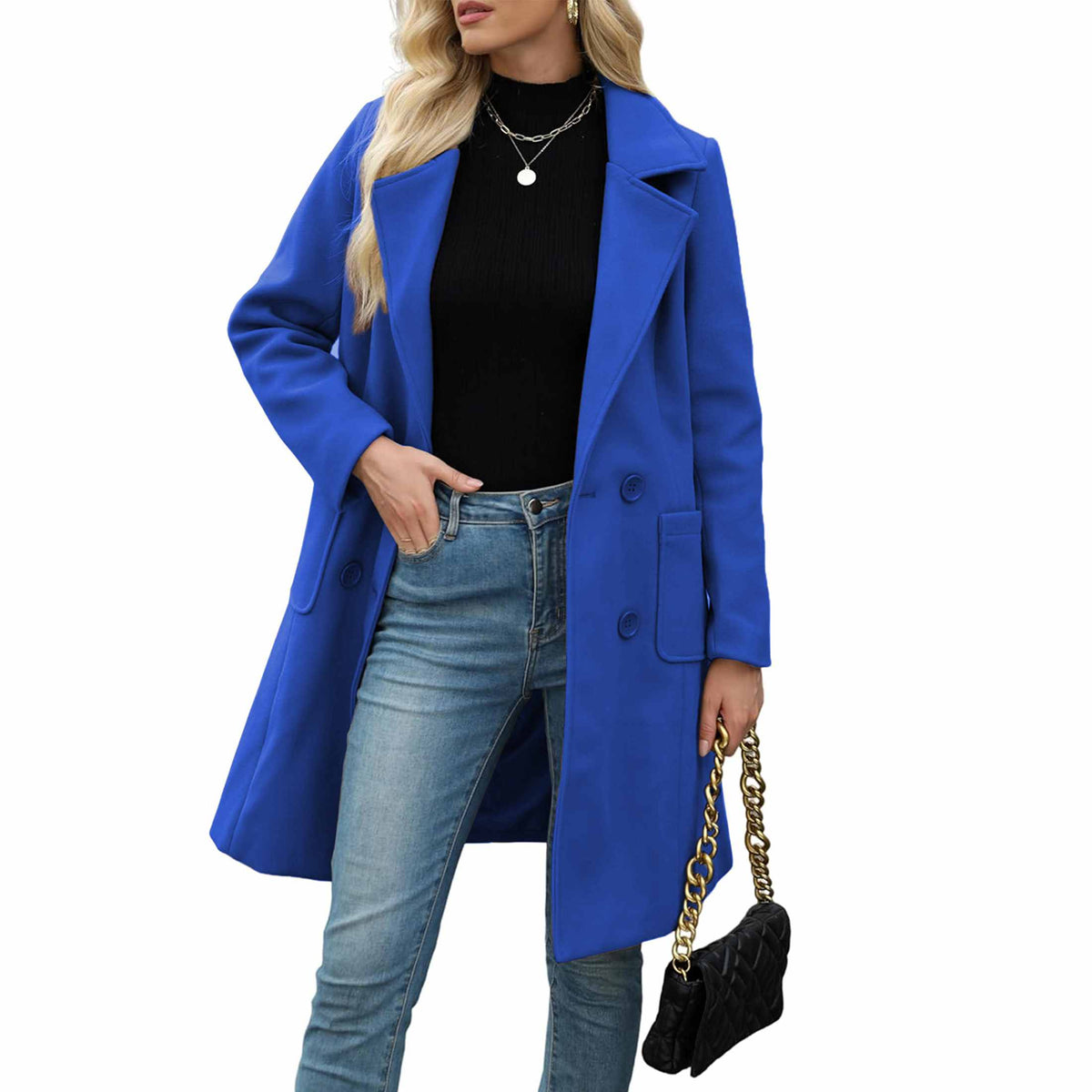 TanmingWomen's Fitted Wool-Blend V-Neck Long-Sleeve Peacoat