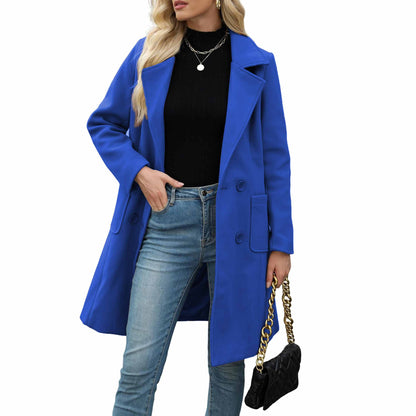 TanmingWomen's Fitted Wool-Blend V-Neck Long-Sleeve Peacoat
