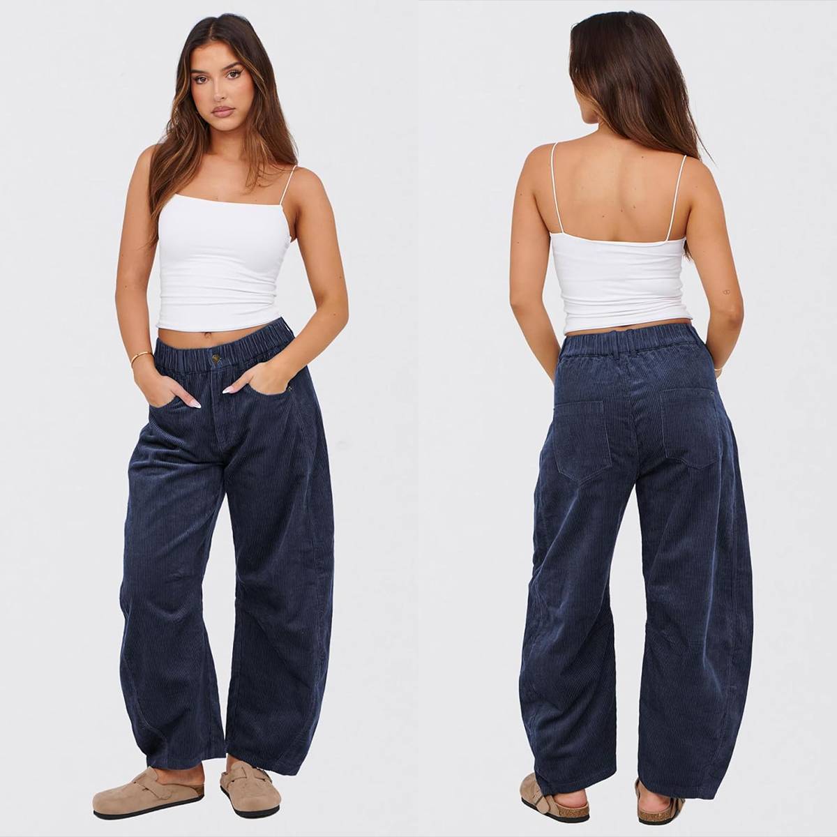 Tanming Women’s High-Waisted Corduroy Barrel-Leg Pants with Pockets