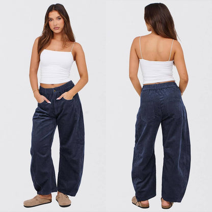 Tanming Women’s High-Waisted Corduroy Barrel-Leg Pants with Pockets